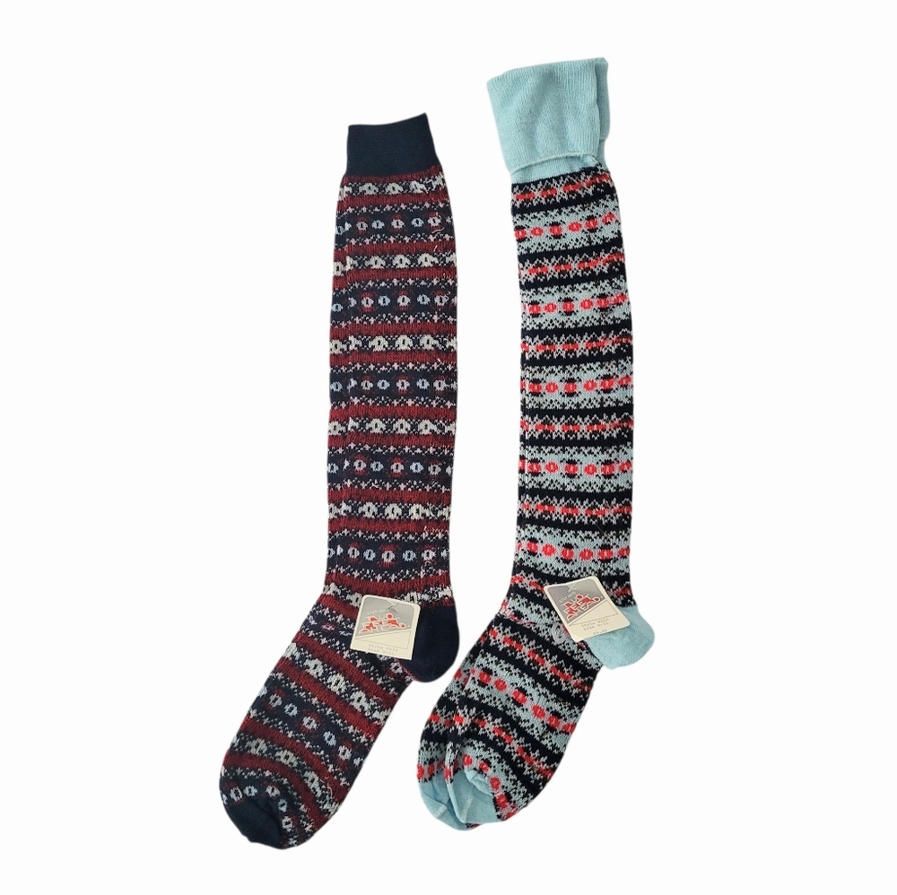 Vtg New 2 Pair Retro Knee Socks Fair Isle Nordic‎ Women Lot NOS Two Feet Ahead